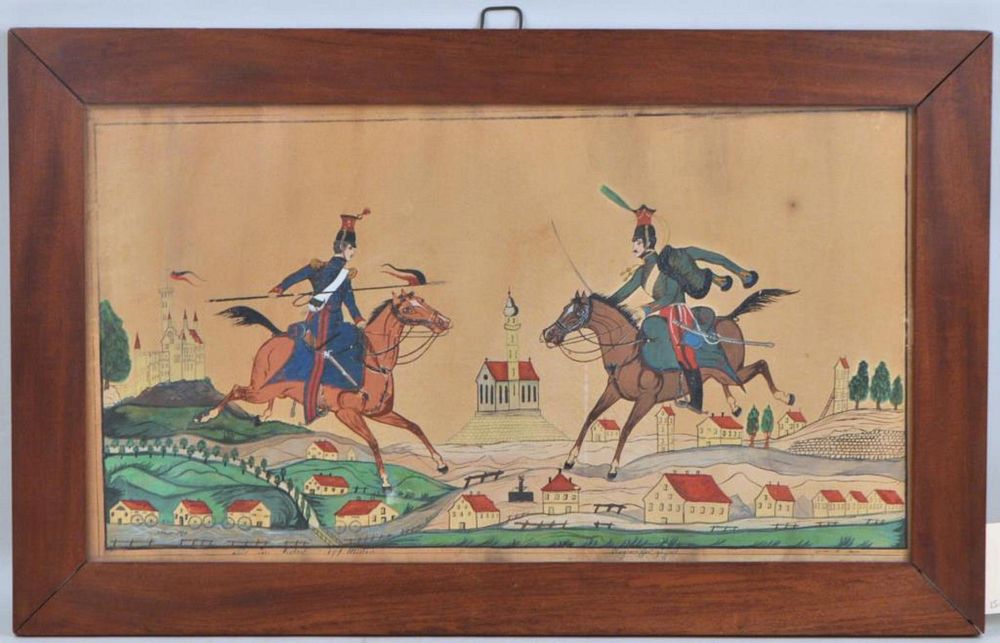 Appraisal: Framed Folk Art W C Prussian Horsemen Amid Village in