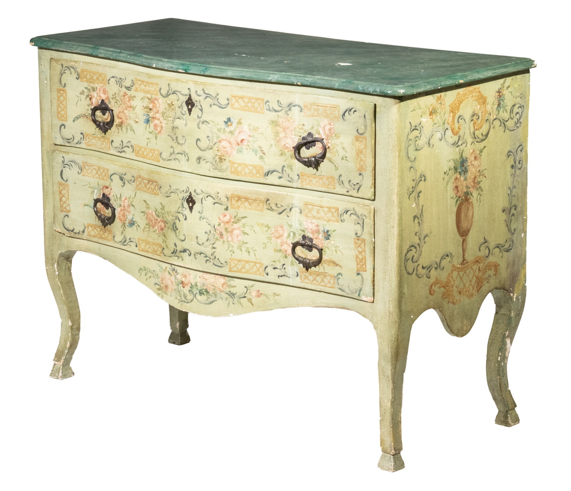 Appraisal: FRENCH PAINTED TWO-DRAWER CHEST Provincial Style Paint Decorated Chest with