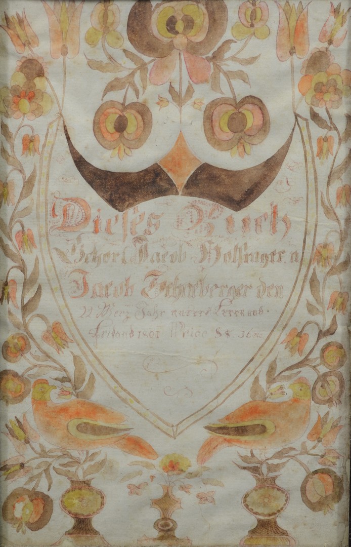 Appraisal: Watercolor Fraktur dated with floral and bird motifs x sight