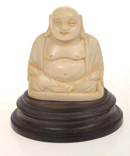 Appraisal: SMALL CARVED IVORY FIGURE OF BUDDHA INCLUDING WOODEN BASE CM