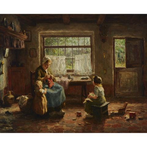 Appraisal: Evert Pieters - MOTHER MENDING DOLLY IN A SUNLIT KITCHEN