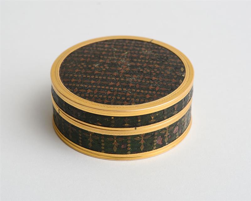 Appraisal: CONTINENTAL GILT-METAL INLAID AND BANDED LACQUER CIRCULAR BOX AND COVER