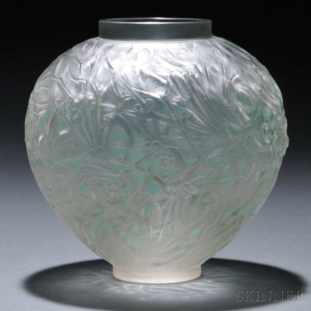 Appraisal: R Lalique Gui Mistletoe Vase Art glass France Marcilhac no