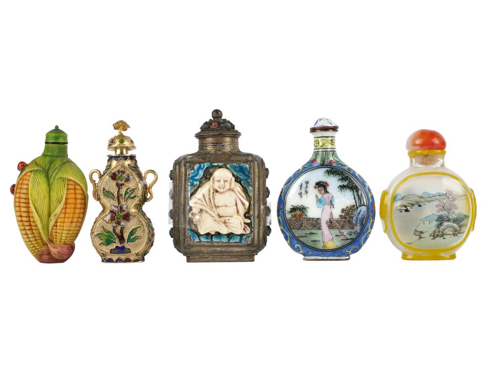 Appraisal: COLLECTION OF FIVE SNUFF BOTTLESthe first modeled as an ear