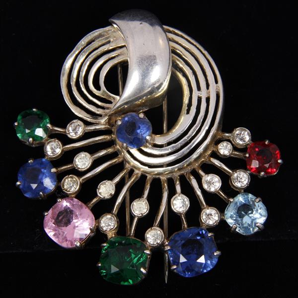 Appraisal: Sterling Vermeil Unmarked Swirl Fur Clip With Jeweled Spray Clip