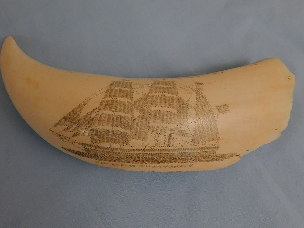 Appraisal: SCRIMSHAW TOOTH W WHALE SHIP Large curved whale tooth with