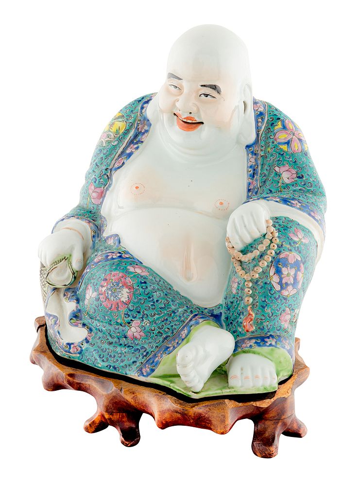 Appraisal: A CHINESE FAMILLE VERTE SOFT-PASTE SCULPTURE OF BUDAI HAPPY BUDDHA