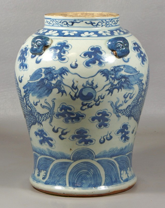 Appraisal: Chinese blue white jar with dragons and lion mask handles