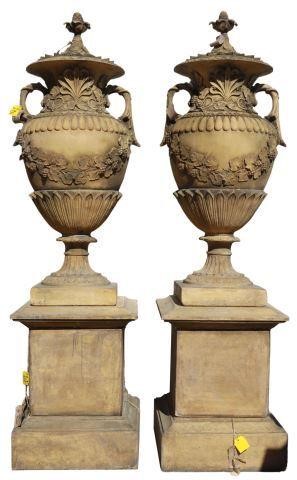 Appraisal: pair Monumental cast stone lidded garden urns th c in