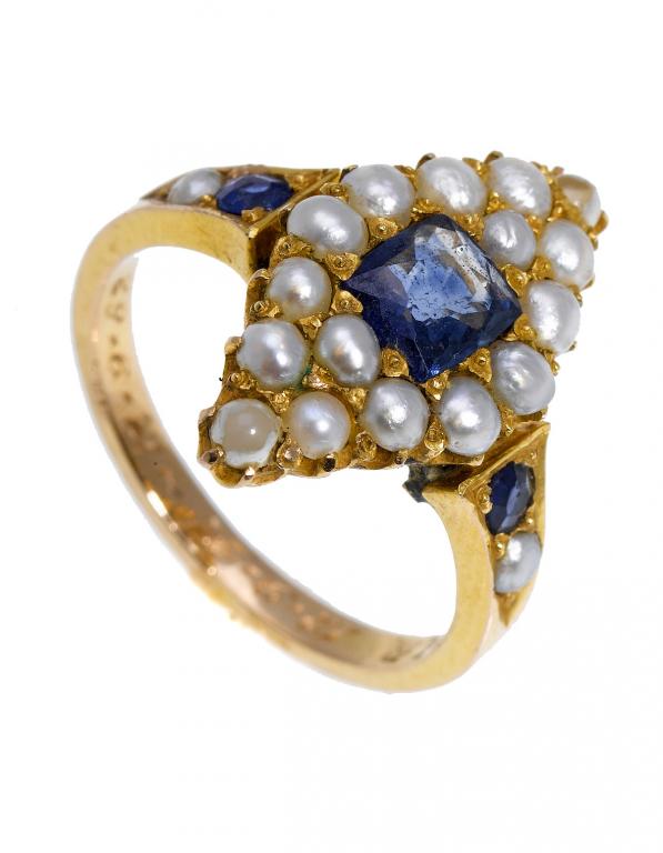 Appraisal: A SAPPHIRE AND CULTURED PEARL NAVETTE CLUSTER RING with sapphire