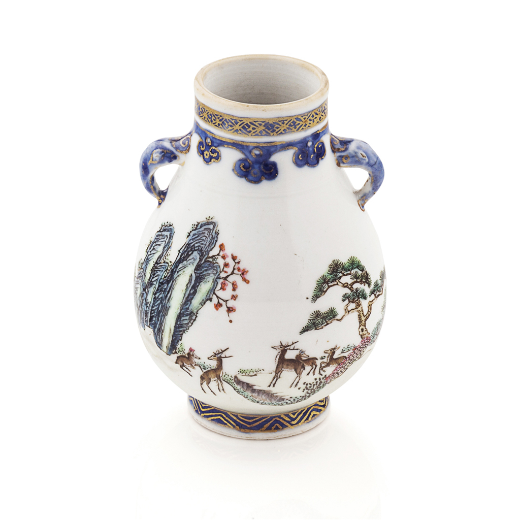 Appraisal: SMALL FAMILLE VERTE 'DEER VASE' HU QIANLONG MARK BUT LATER