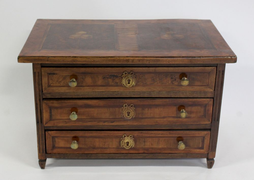 Appraisal: Century Banded Continental Miniature Walnut Commode Part of this wonderful