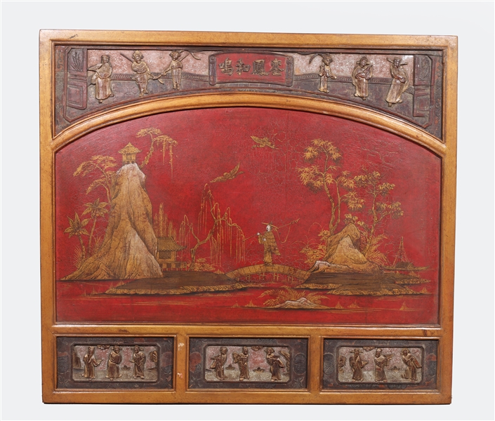 Appraisal: Carved Chinese gilded panel with red center hand painted mountain