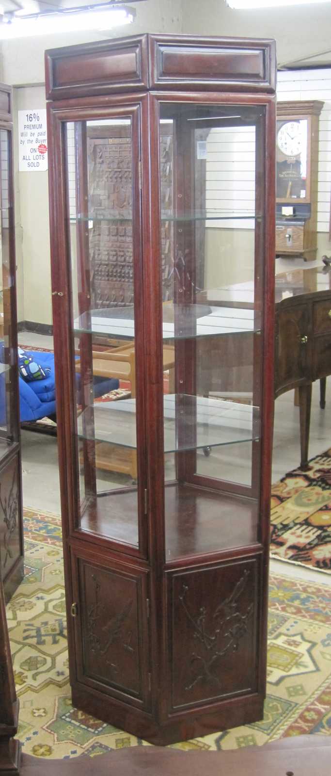 Appraisal: CHINESE GLASS AND CARVED ROSEWOOD CURIO CABINET hexagonal shape with