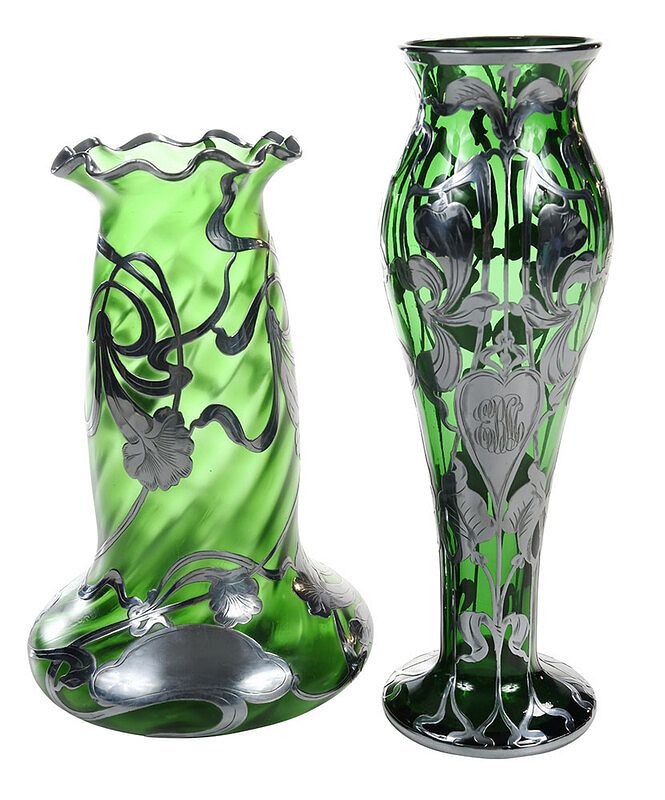 Appraisal: Two La Pierre Silver Overlay Green Glass Vases American late