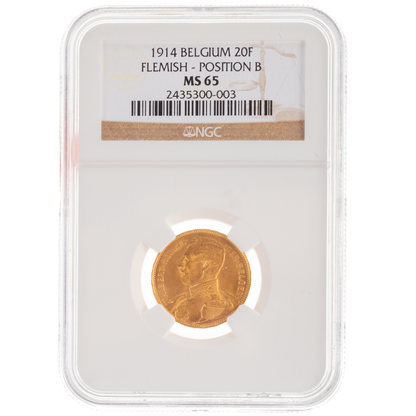 Appraisal: BELGIUM GOLD FRANCS NGC MS Flemish Position B KM