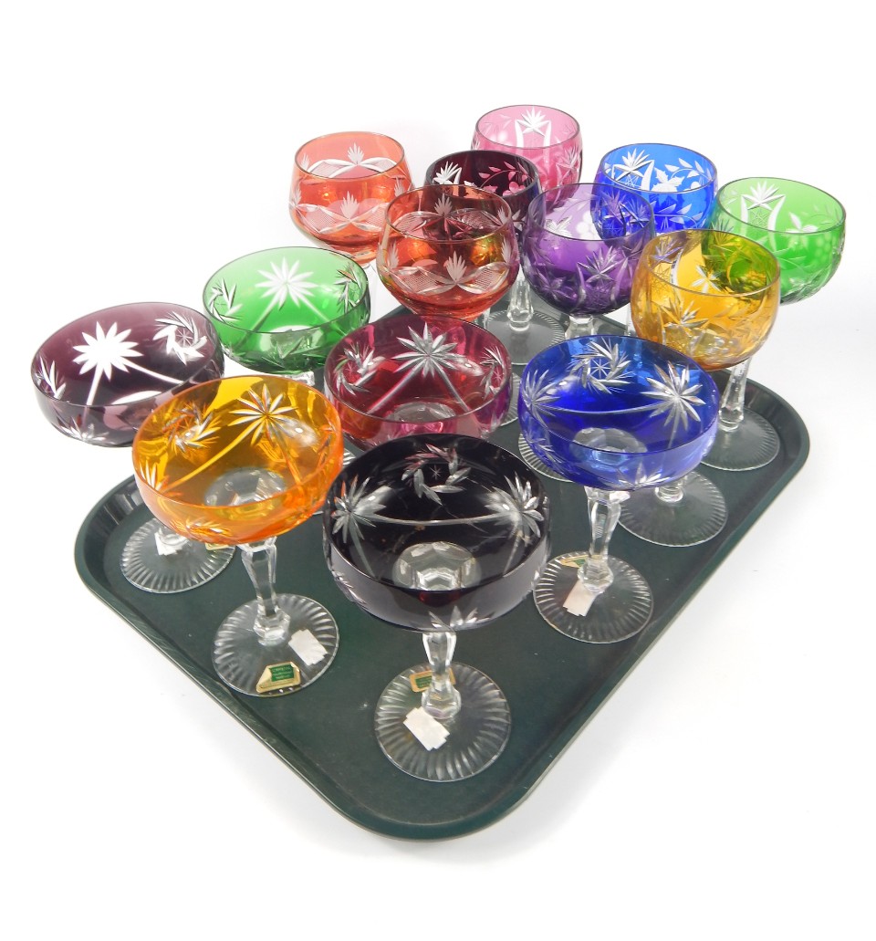 Appraisal: A set of six Continental varicoloured flashed glass hock glasses