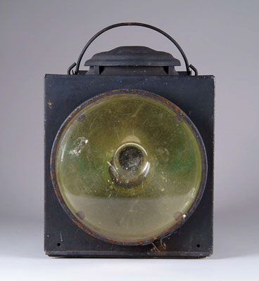 Appraisal: RAILROAD LANTERN Electric box lantern with large convex vaseline glass