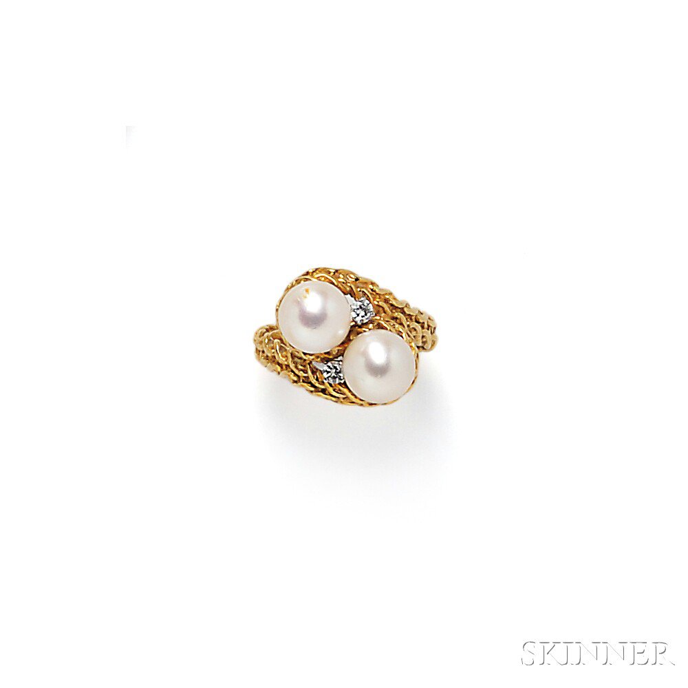 Appraisal: kt Gold Cultured Pearl and Diamond Bypass Ring set with