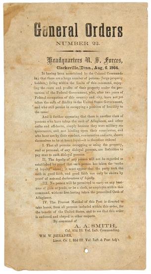 Appraisal: TENNESSEE - A A SMITH General Orders Number Clarksville TN