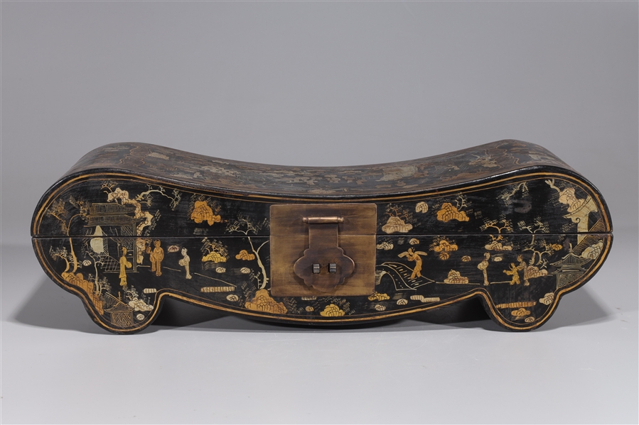 Appraisal: Chinese lacquered pillow form box with numerous figures brass fittings