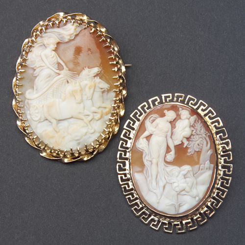 Appraisal: Two large k and shell cameo brooches one depicting Diana