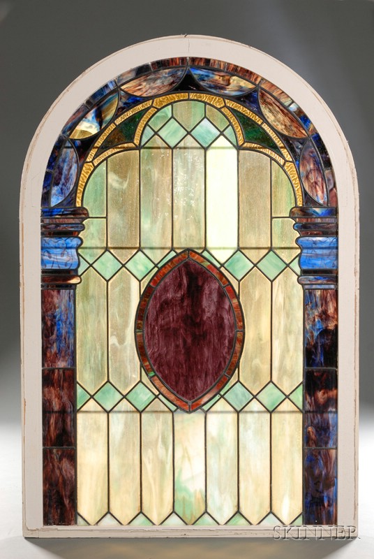 Appraisal: Late Victorian Architectural Leaded Art Glass Window arched frame with