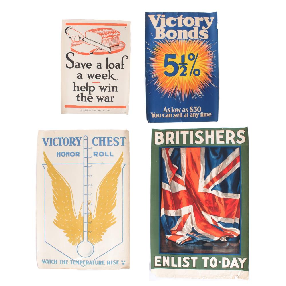 Appraisal: FOUR WW POSTERS BRITISHERS ENLIST TO-DAY VICTORY BONDS SAVE A