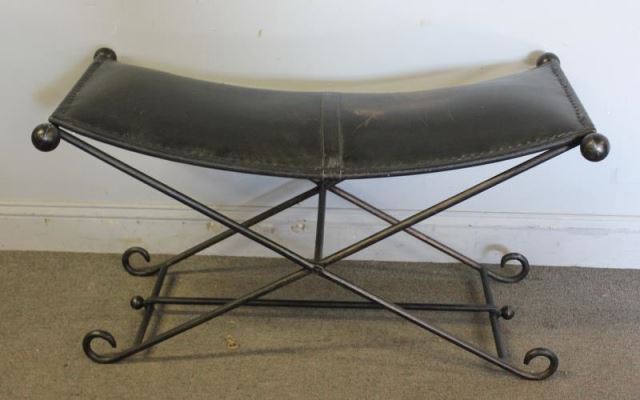 Appraisal: Neoclassical Style Sling Ottoman with Leather SeatFrom a Pelham NY