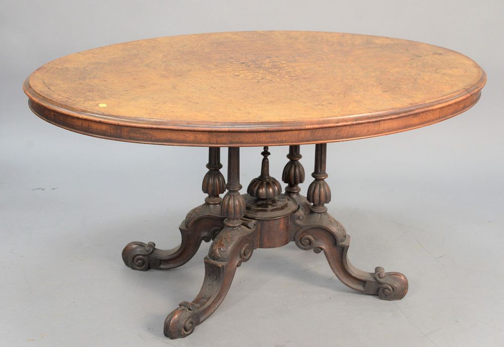 Appraisal: Inlaid burl Victorian center table on pedestal base ht top