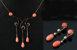 Appraisal: An Edwardian coral and seed pearl necklace and earrings Circa