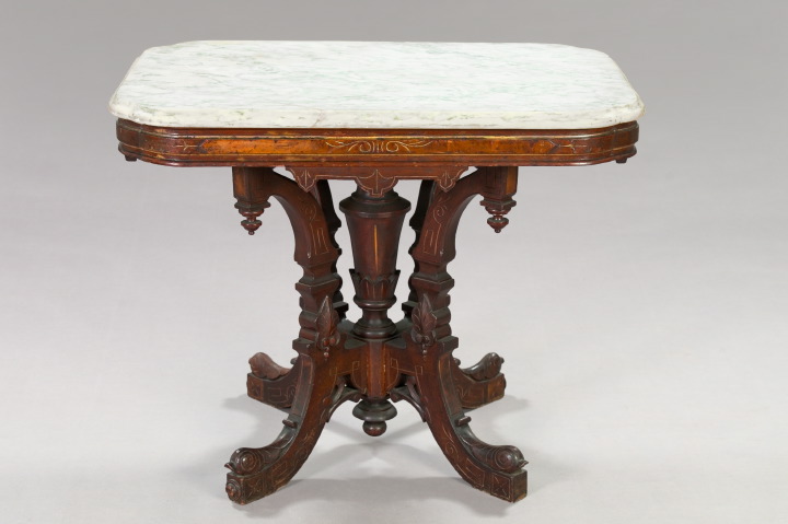 Appraisal: American Renaissance Revival Gilt-Incised Walnut Burl and Marble-Top Center Table