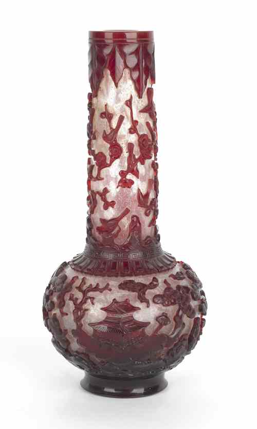 Appraisal: Red cut to snowflake bottle form Peking glass vase h