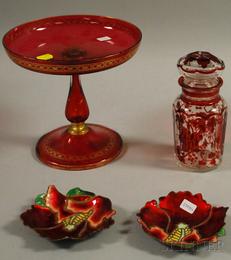 Appraisal: Ruby-flashed Covered Glass Jar a Ruby Glass Tazza and Two