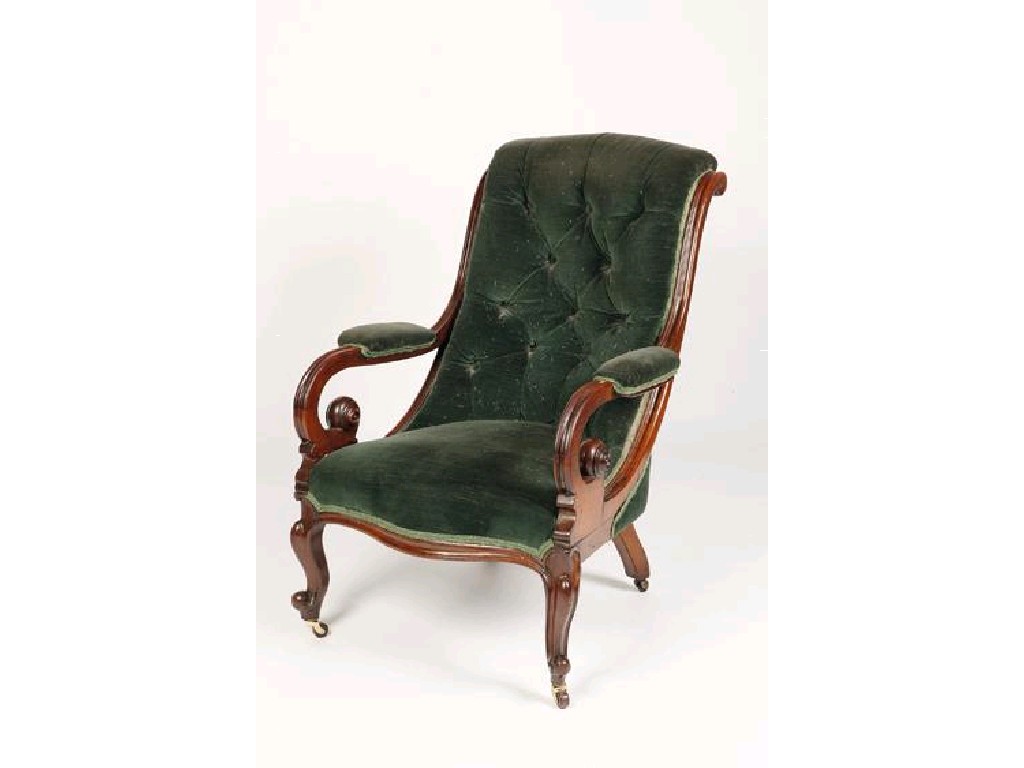 Appraisal: A REGENCY MAHOGANY BUTTON BACK ARMCHAIR the scrolling frame with