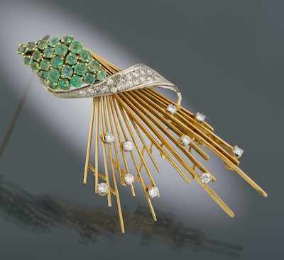 Appraisal: A Retro Emerald and Diamond Spray Brooch k yellow gold