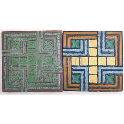 Appraisal: GRUEBY Two architectural tiles with geometric pattern Boson ca Green