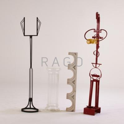 Appraisal: DECORATIVE Wrought-iron mirror stand columnar glass pedestal carved marble fragment