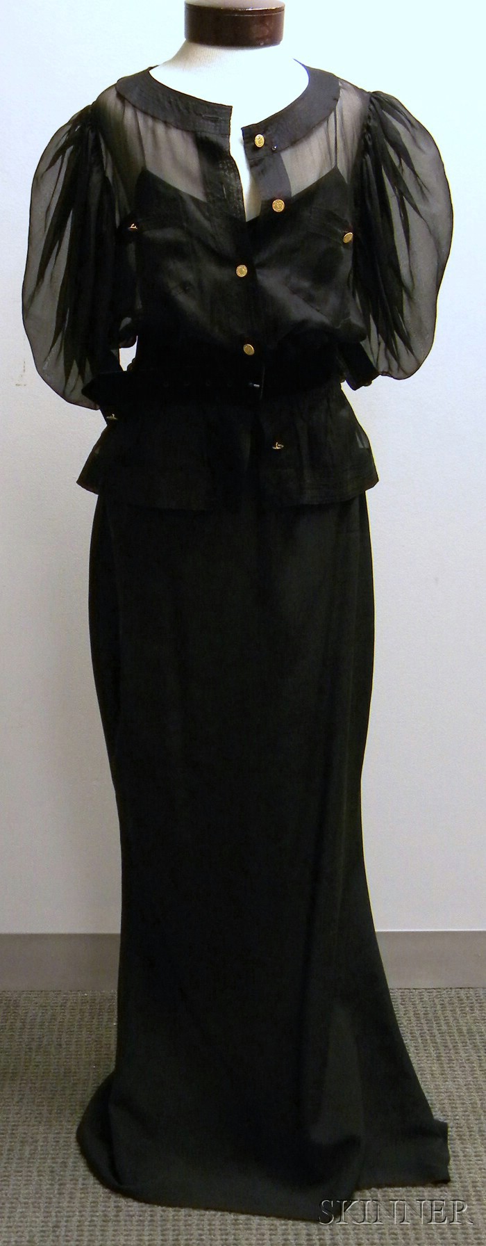 Appraisal: Chanel Three-Piece Black Silk Ensemble camisole sheer blouse and floor-length