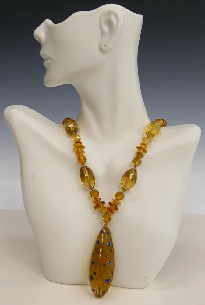 Appraisal: LARGE HEAVY CITRINE GOLD AND SAPPHIRE NECKLACE Measures in length