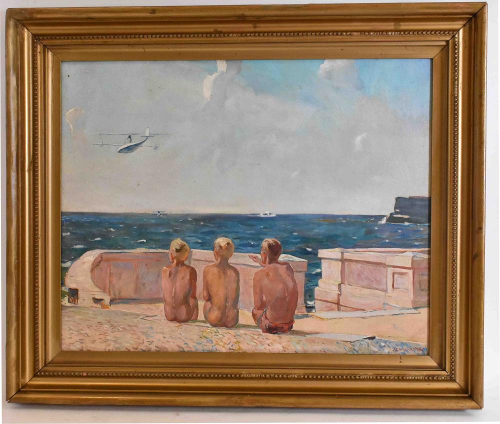 Appraisal: ATTRIBUTED TO ALEKSANDR DEYNEKA RUSSIAN - Boys Viewing Aircraft at