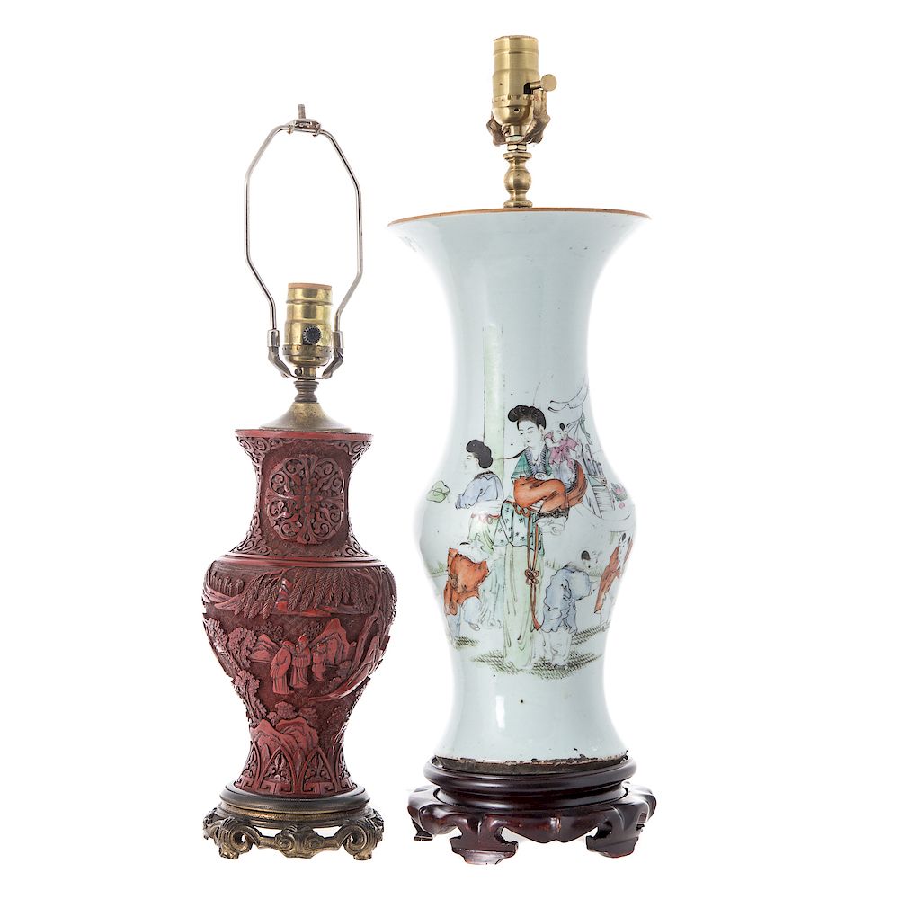 Appraisal: Chinese cinnabar vase lamp and porcelain lamp carved cinnabar lacquer