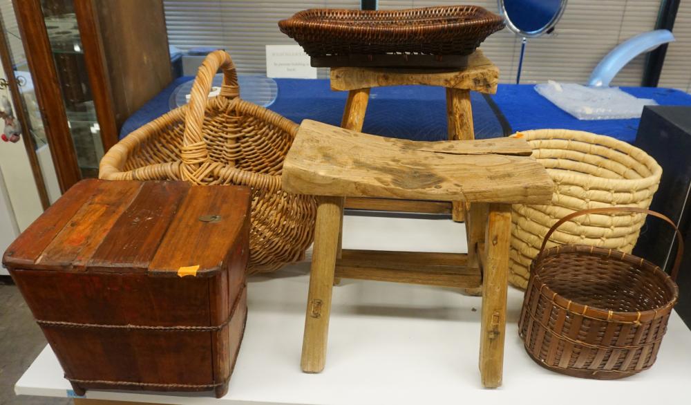 Appraisal: Collection of Wicker and Wood Baskets and Two Wood Stools