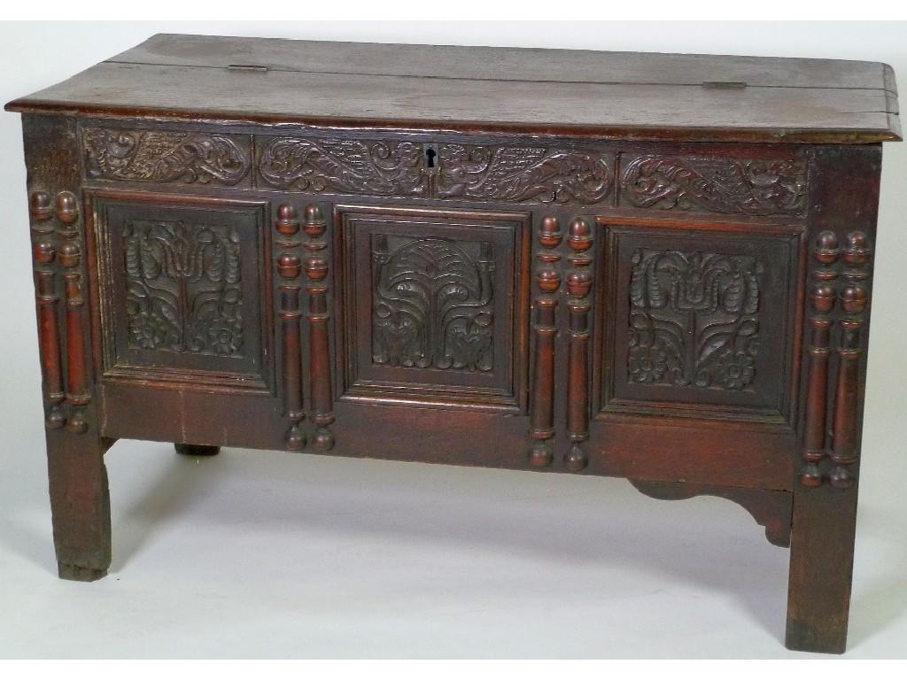 Appraisal: SEVENTEENTH CENTURY CARVED OAK COFFER the oblong moulded plank top