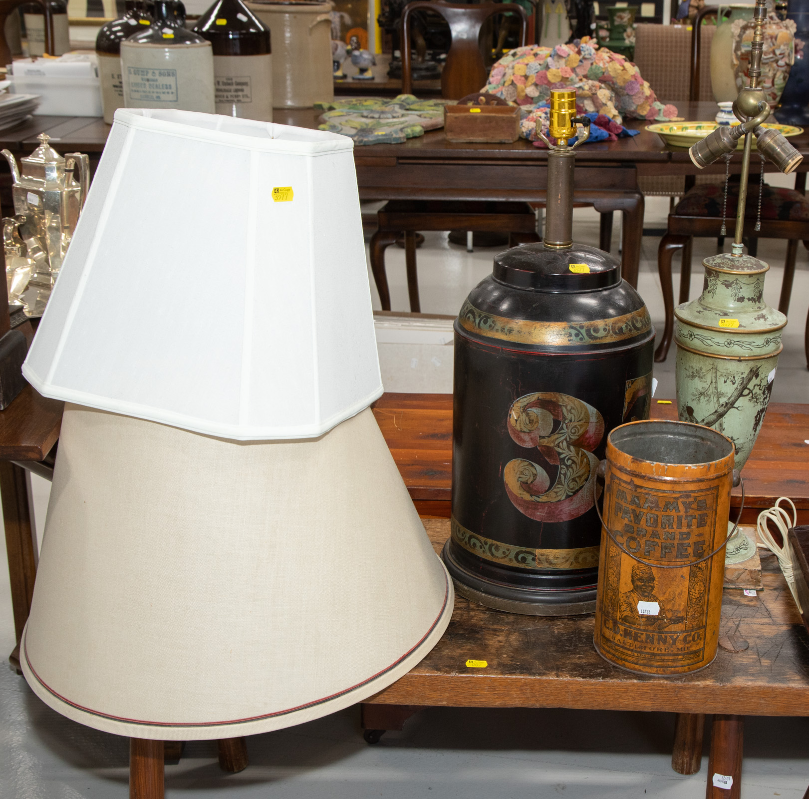 Appraisal: TWO TOLEWARE TABLE LAMPS COFFEE TIN With lamp shades lamps