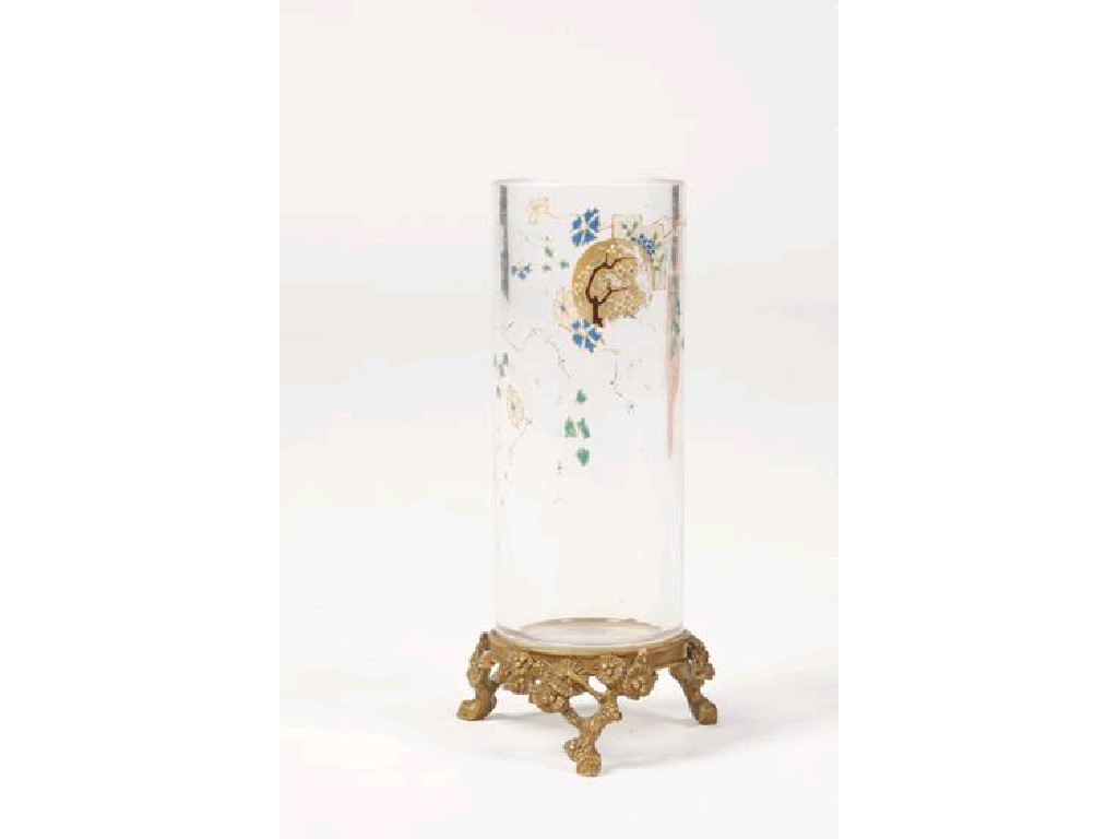 Appraisal: ATTRIBUTE TO BACCARAT A CYLINDRICAL GLASS VASE decorated with chinoiserie