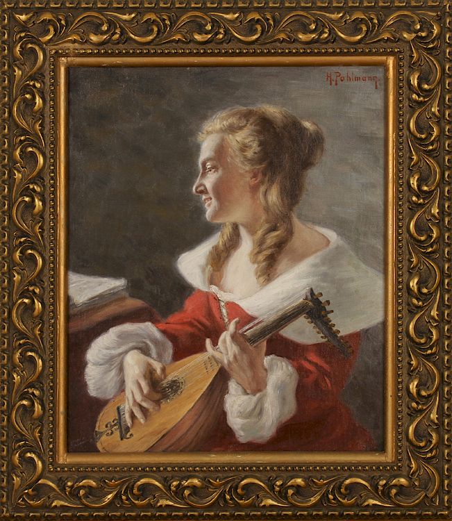 Appraisal: HANS PAHLMANN WOMAN PLAYING OIL ON CANVAS SIGNED Hans Pahlmann