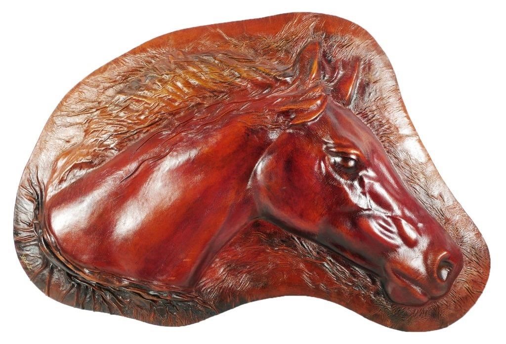 Appraisal: Large leather hand tooled horse head bas relief style sculpture