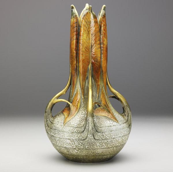 Appraisal: PAUL DACHSELERNST WAHLISSALEXANDRA PORCELAIN WORKSPorcelain Amphora four-handled vase with leaves