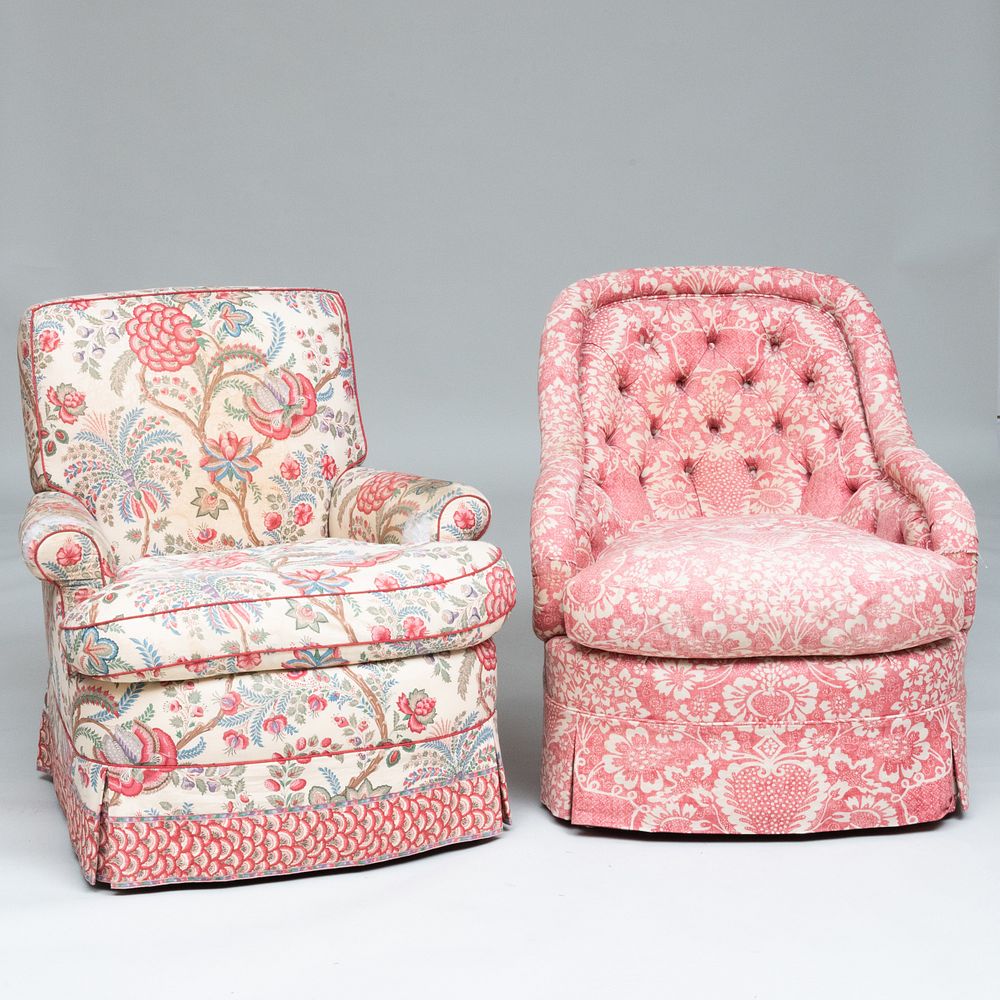 Appraisal: Two Upholstered Armchairs Comprising An Indian cotton upholstered chair A